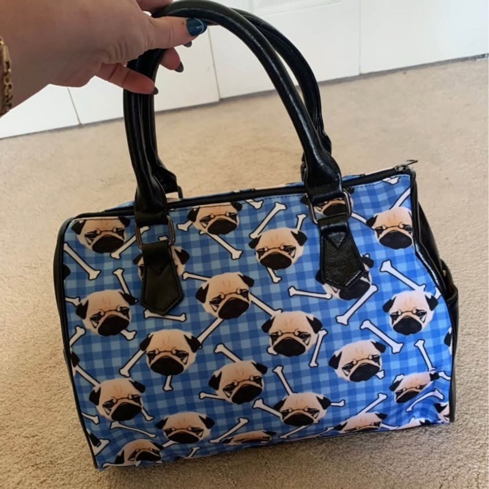 Novelty Pug Print Blue Satchel Handbag